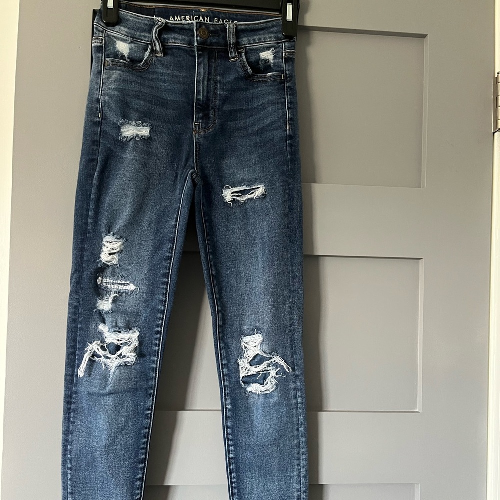 American Eagle super high-rise jeggings, Dark wash distressed